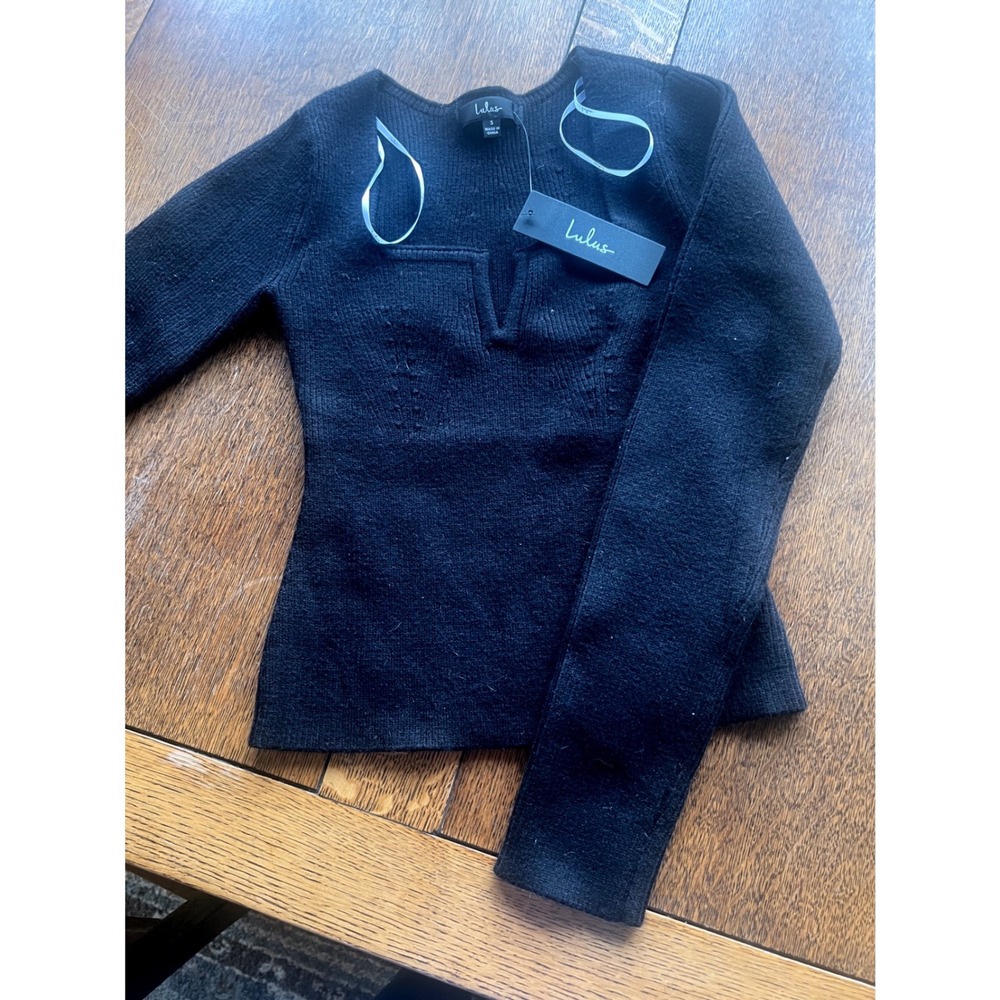 Lulus Black Ribbed Long Sleeve Notched Neck Knit Sweater Top Small NWT